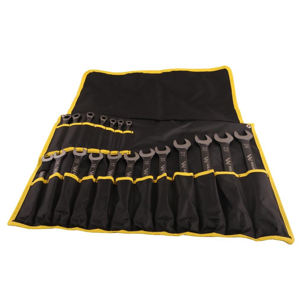 Zestaw kluczy płaskooczkowych z grzechotką standard w pokrowcu 19 szt rozmiary od 6-24 w standardzie ASME B107-2010 Waryński