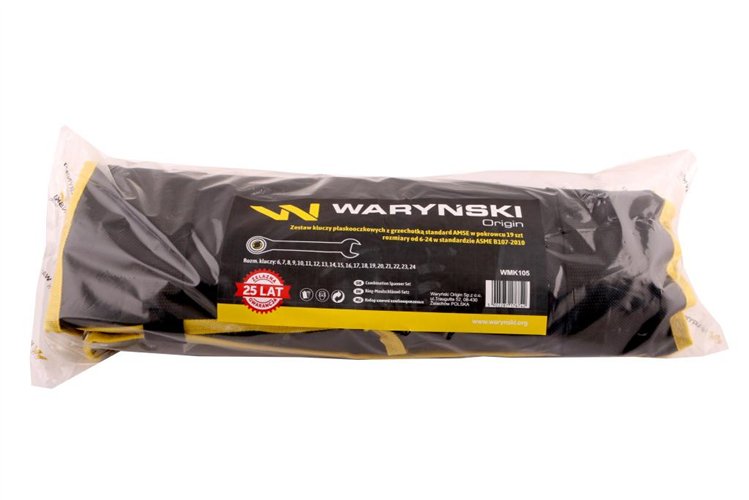 Zestaw kluczy płaskooczkowych z grzechotką standard w pokrowcu 19 szt rozmiary od 6-24 w standardzie ASME B107-2010 Waryński