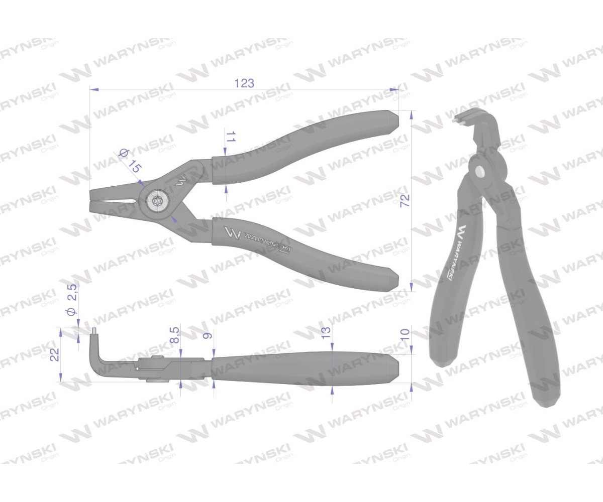 Specjalistyczne szczypce do pierścieni osadczych 127 mm zewnętrzne wygięte Waryński