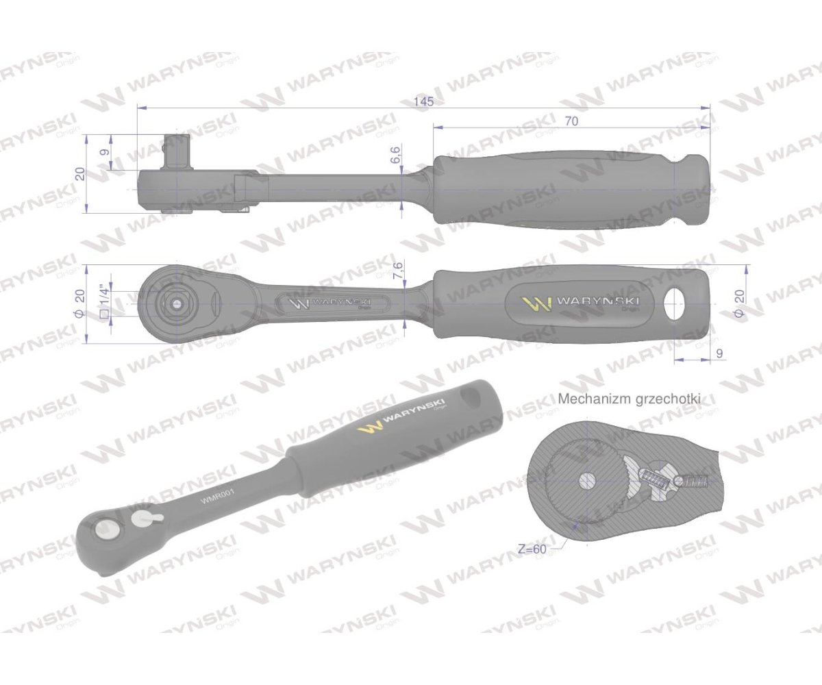 Grzechotka 1/4". 60 T, o zwiększonej odporności. Waryński