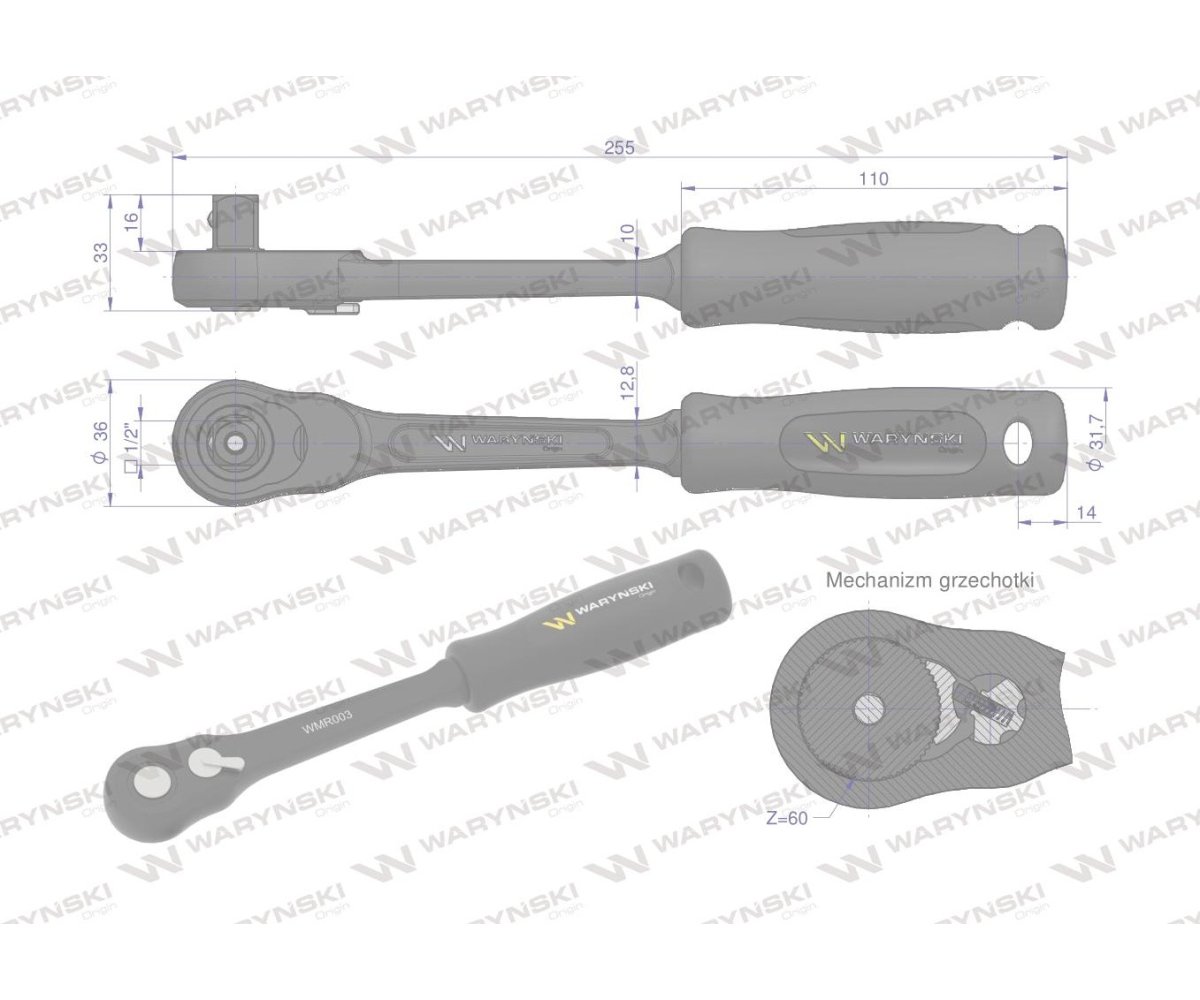 Grzechotka 1/2". 60 T, o zwiększonej odporności. Waryński