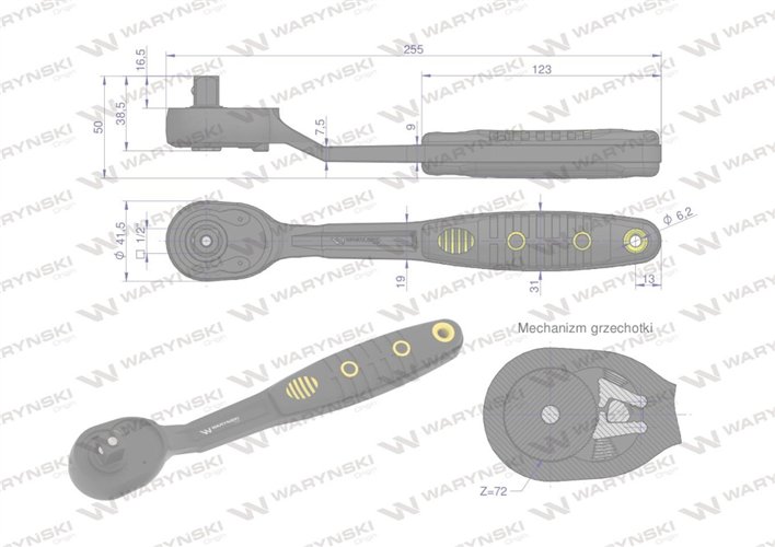 Grzechotka 1/2". 72 T. odgięta. Waryński