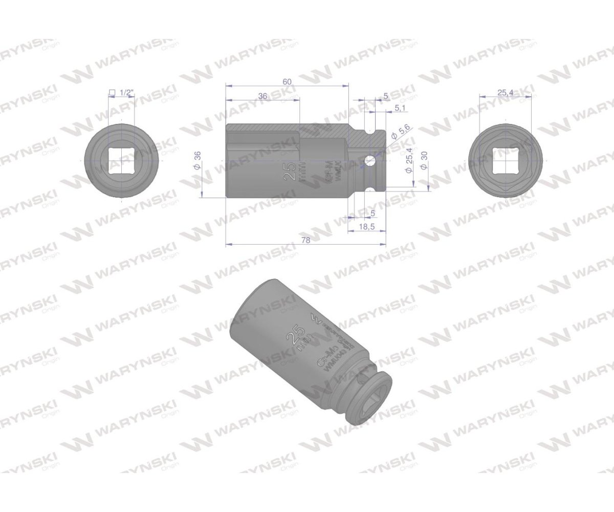 Nasadka udarowa sześciokątna długa 1/2" 25 mm. CrMo. DIN 3129. Waryński