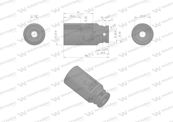 Nasadka udarowa sześciokątna długa 1/2" 27 mm. CrMo. DIN 3129. Waryński