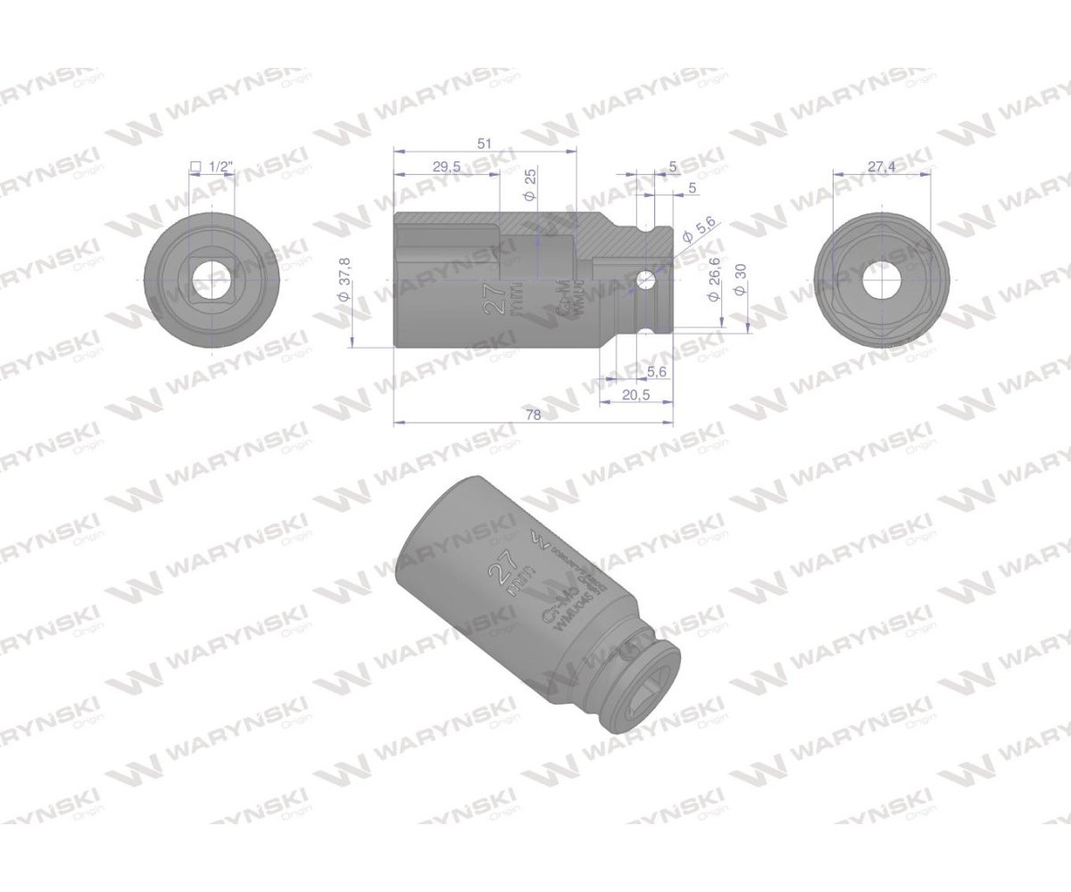 Nasadka udarowa sześciokątna długa 1/2" 27 mm. CrMo. DIN 3129. Waryński