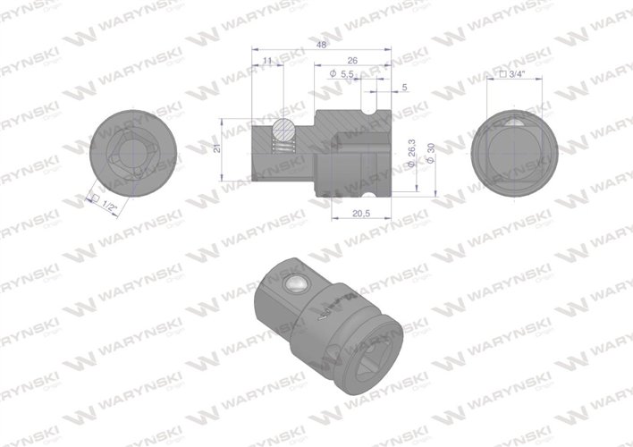 Adapter do nasadek udarowych 1/2" (F) x 3/4" (M). CrMo. Waryński