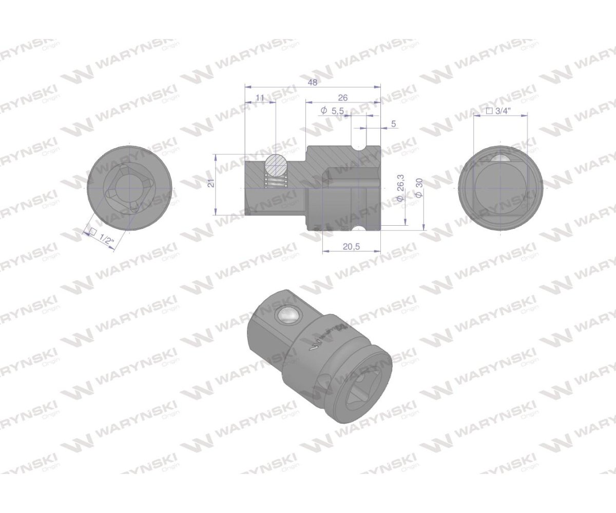 Adapter do nasadek udarowych 1/2" (F) x 3/4" (M). CrMo. Waryński