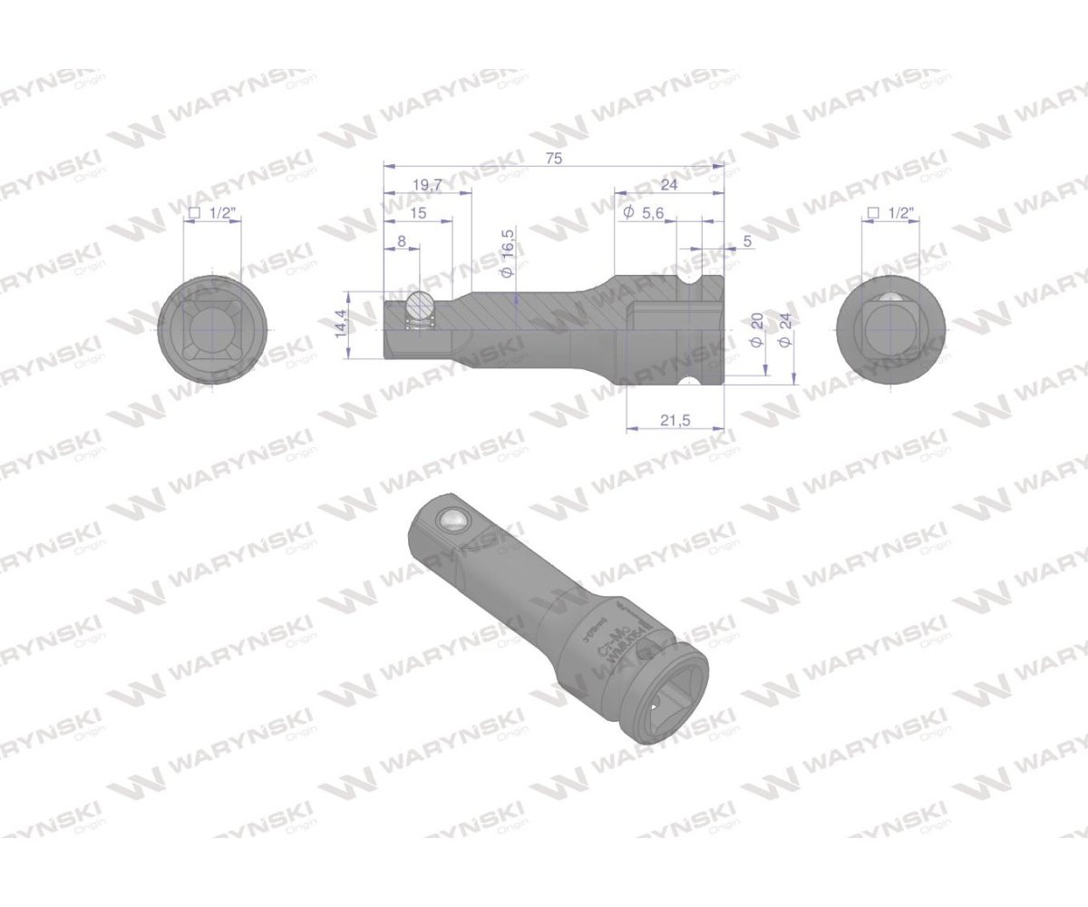 Przedłużka do nasadek udarowych 1/2" 75mm. CrMo. Waryński