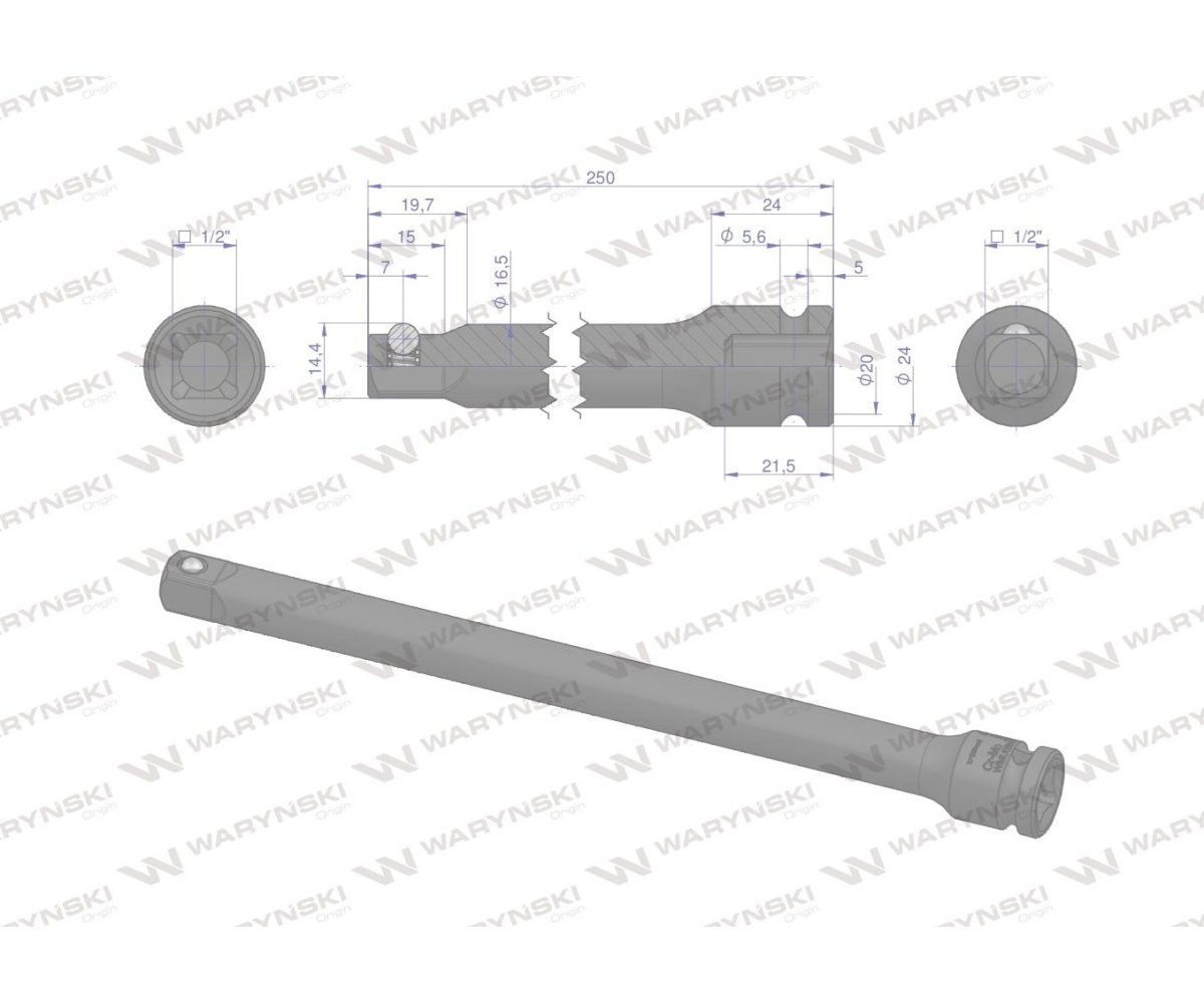 Przedłużka do nasadek udarowych 1/2" 250mm. CrMo. Waryński