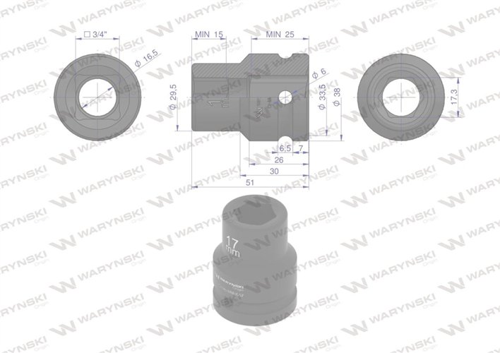 Nasadka udarowa sześciokątna 3/4". 17 mm. CrMo. DIN 3129. Waryński