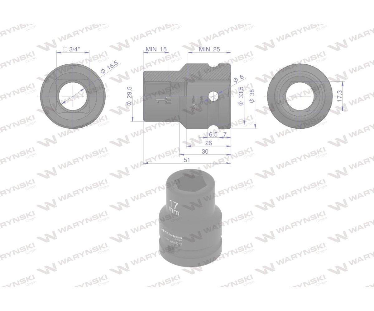 Nasadka udarowa sześciokątna 3/4". 17 mm. CrMo. DIN 3129. Waryński