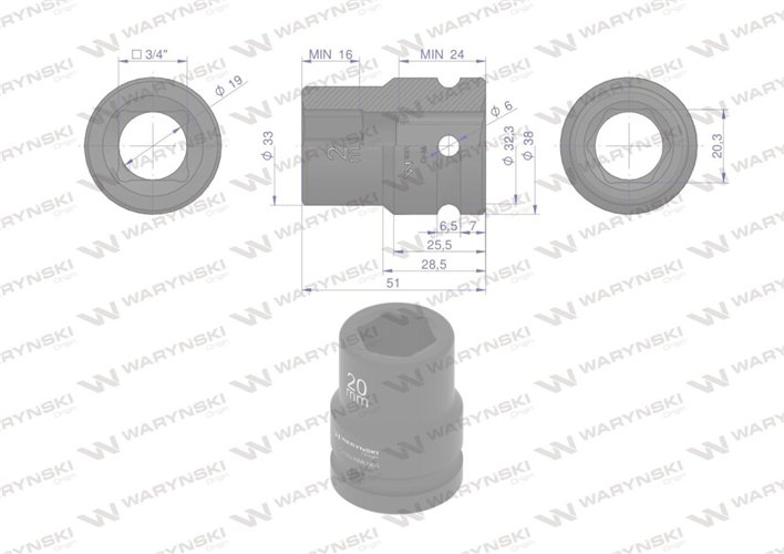 Nasadka udarowa sześciokątna 3/4". 20 mm. CrMo. DIN 3129. Waryński