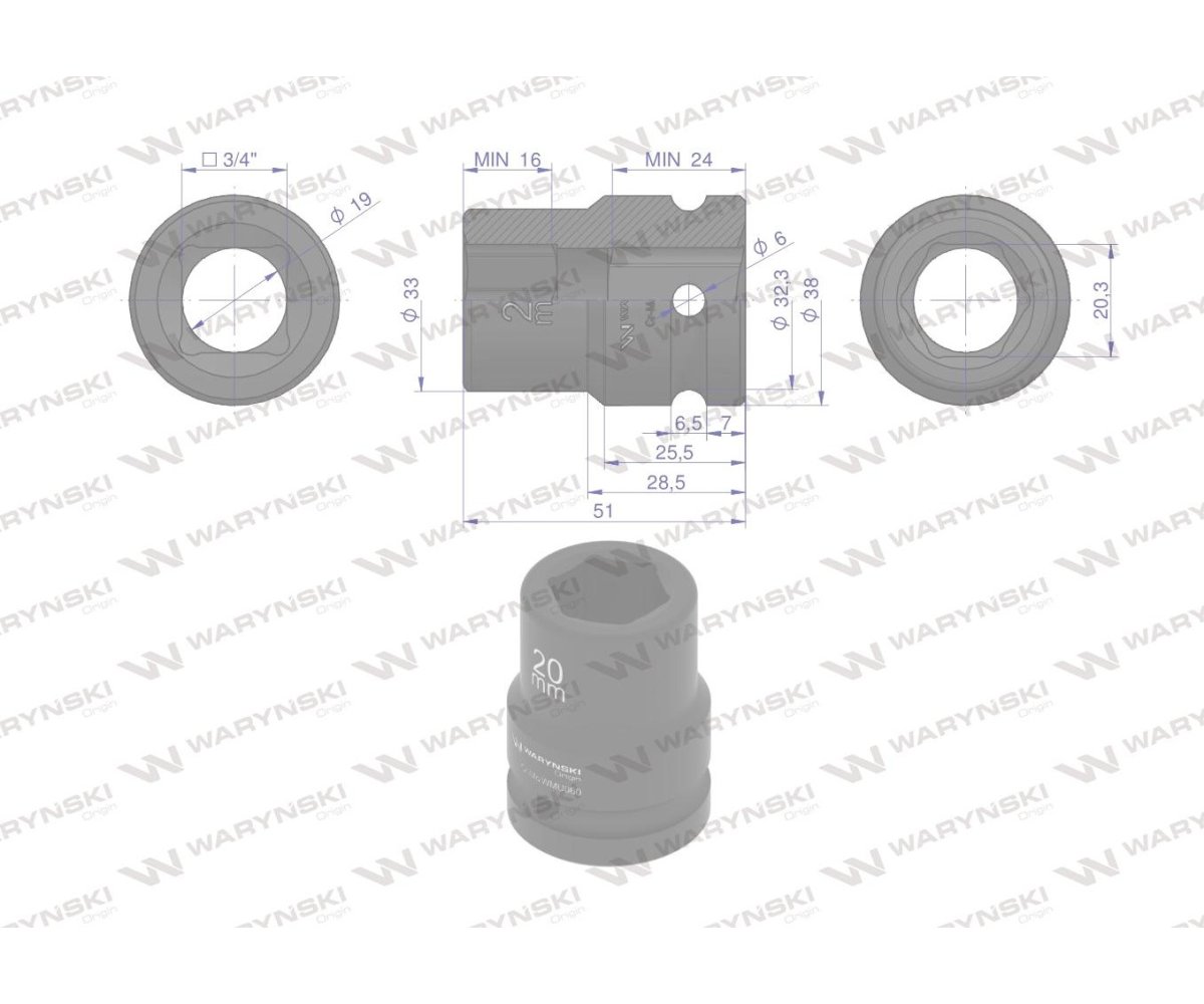 Nasadka udarowa sześciokątna 3/4". 20 mm. CrMo. DIN 3129. Waryński