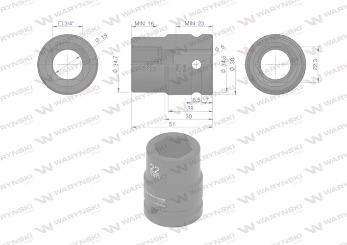 Nasadka udarowa sześciokątna 3/4". 22 mm. CrMo. DIN 3129. Waryński