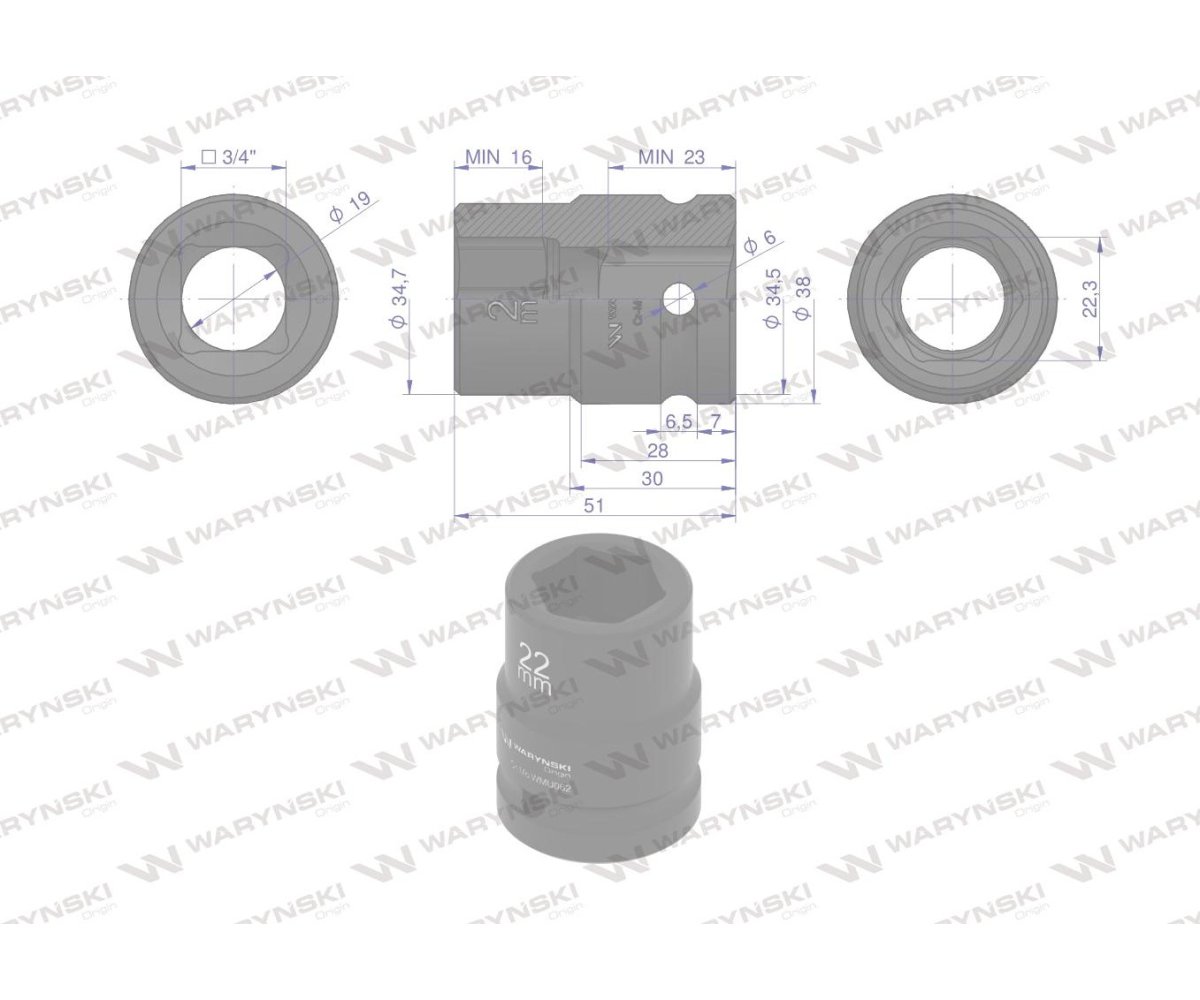 Nasadka udarowa sześciokątna 3/4". 22 mm. CrMo. DIN 3129. Waryński