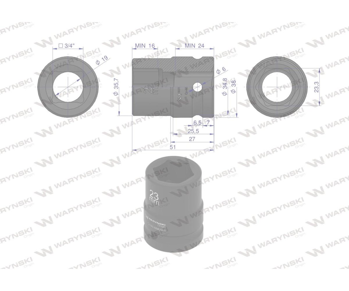 Nasadka udarowa sześciokątna 3/4". 23 mm. CrMo. DIN 3129. Waryński