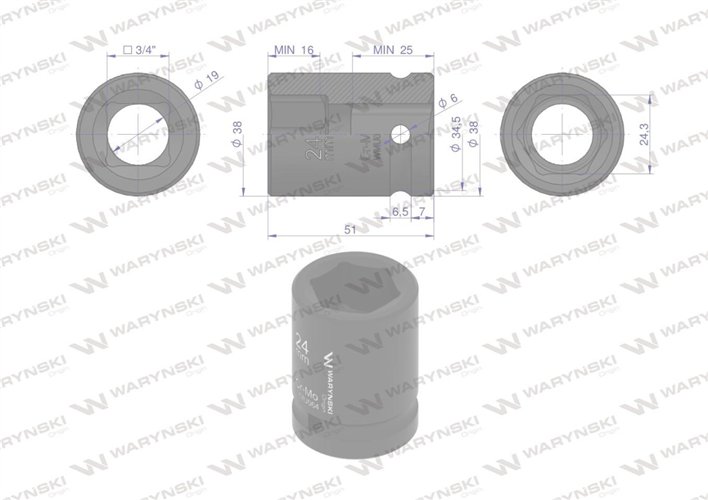 Nasadka udarowa sześciokątna 3/4". 24 mm. CrMo. DIN 3129. Waryński