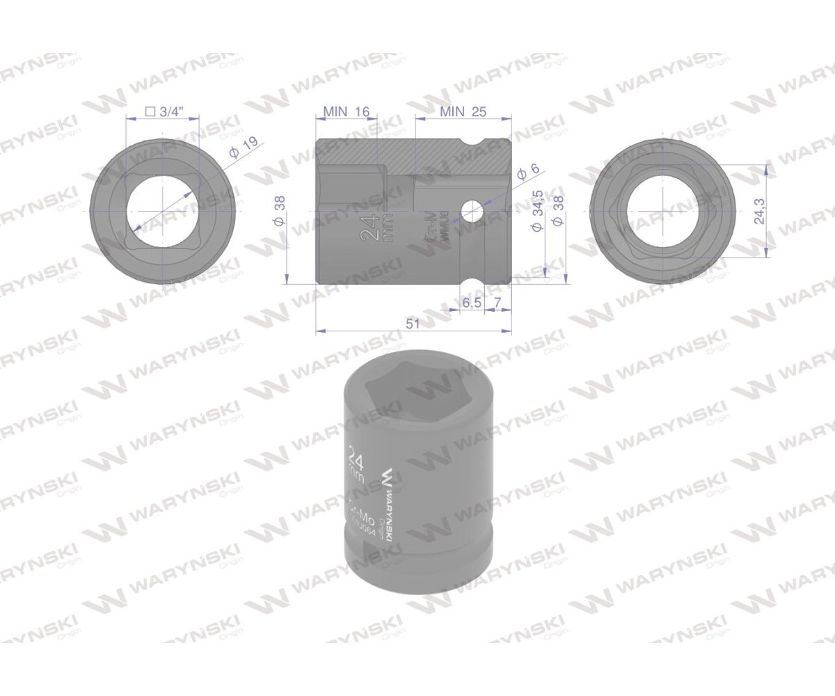 Nasadka udarowa sześciokątna 3/4". 24 mm. CrMo. DIN 3129. Waryński