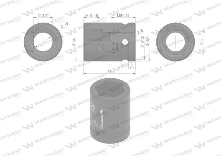 Nasadka udarowa sześciokątna 3/4". 25 mm. CrMo. DIN 3129. Waryński