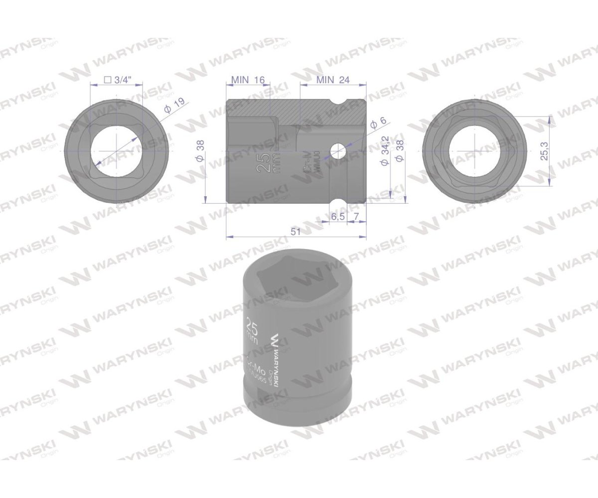 Nasadka udarowa sześciokątna 3/4". 25 mm. CrMo. DIN 3129. Waryński