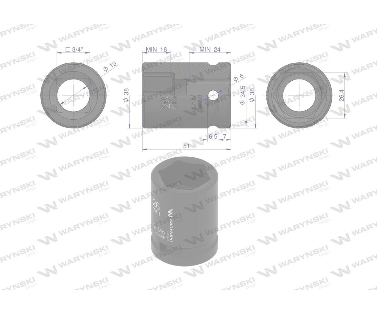 Nasadka udarowa sześciokątna 3/4". 26 mm. CrMo. DIN 3129. Waryński