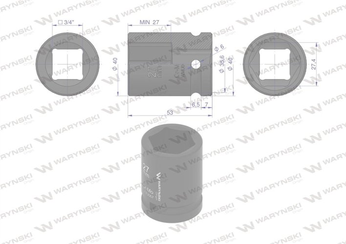 Nasadka udarowa sześciokątna 3/4". 27 mm. CrMo. DIN 3129. Waryński