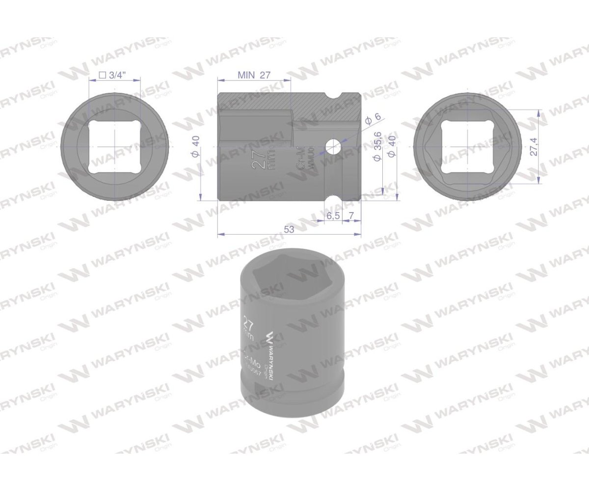 Nasadka udarowa sześciokątna 3/4". 27 mm. CrMo. DIN 3129. Waryński