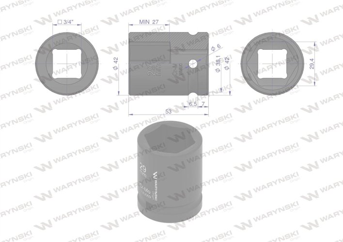 Nasadka udarowa sześciokątna 3/4". 29 mm. CrMo. DIN 3129. Waryński