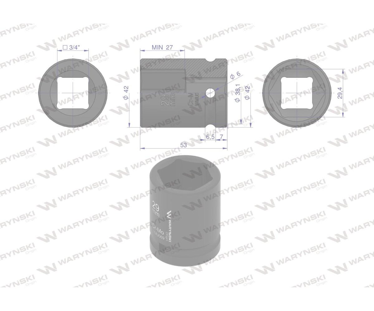Nasadka udarowa sześciokątna 3/4". 29 mm. CrMo. DIN 3129. Waryński