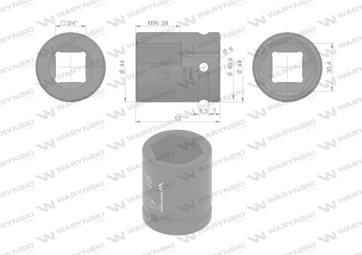 Nasadka udarowa sześciokątna 3/4". 30 mm. CrMo. DIN 3129. Waryński