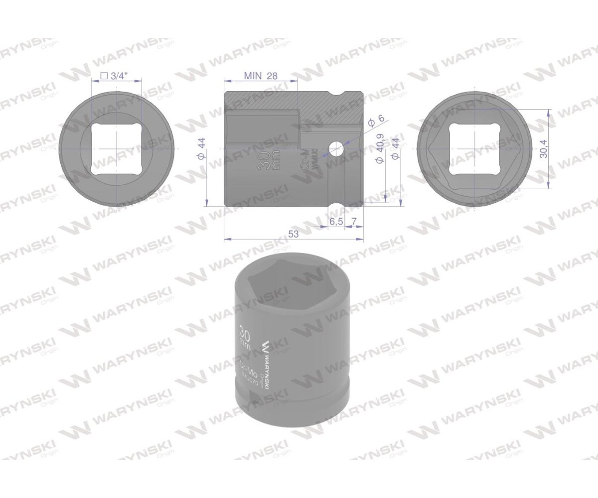Nasadka udarowa sześciokątna 3/4". 30 mm. CrMo. DIN 3129. Waryński