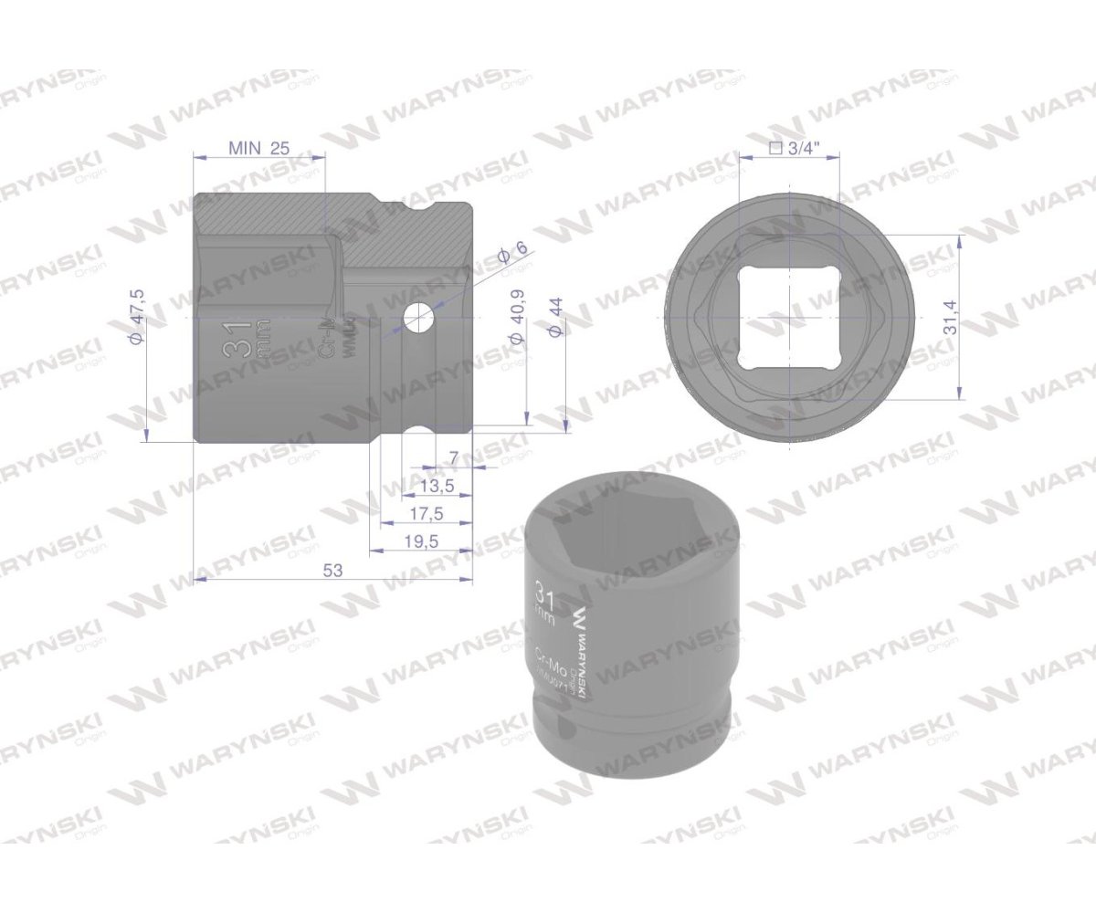 Nasadka udarowa sześciokątna 3/4". 31 mm. CrMo. DIN 3129. Waryński