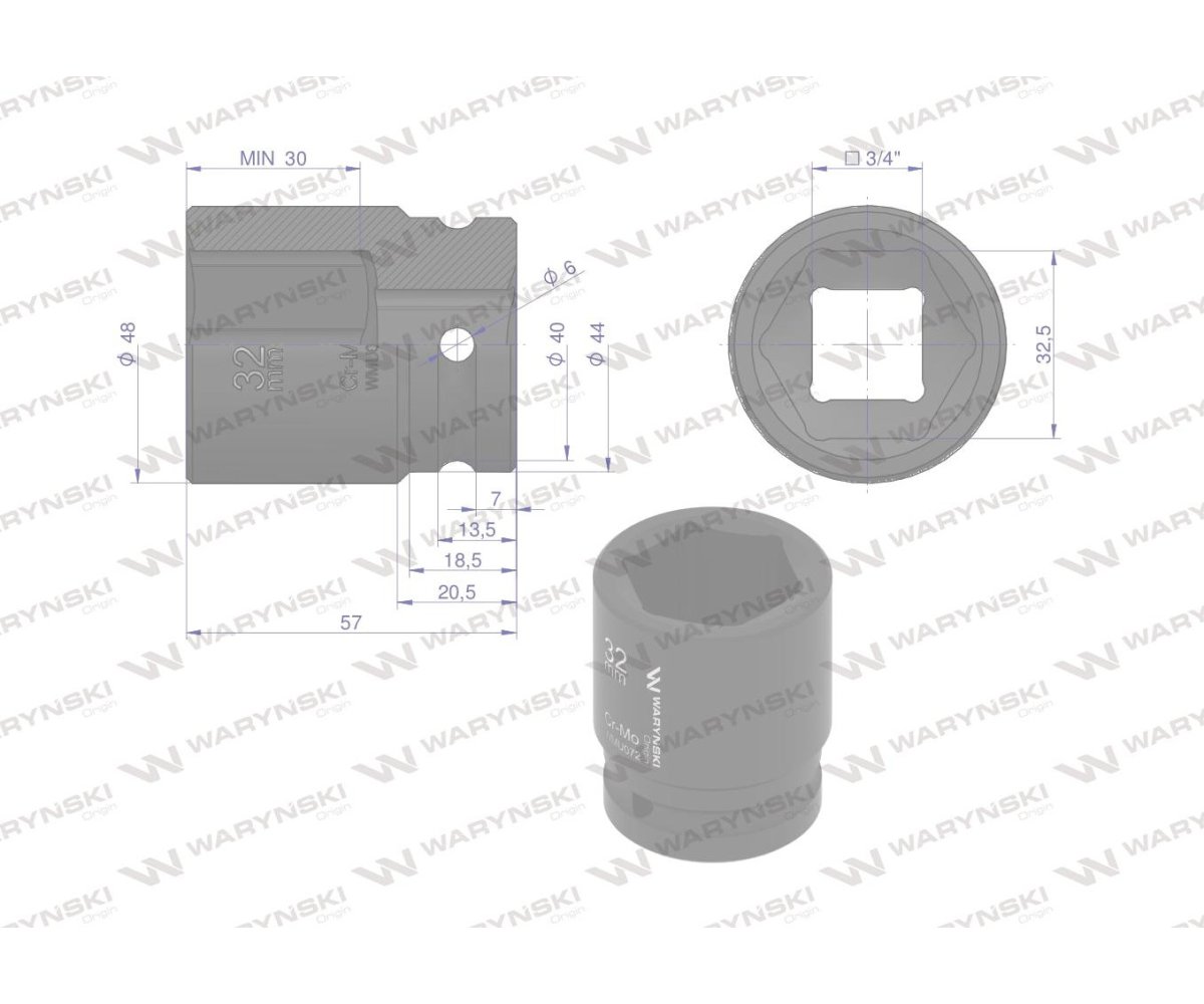 Nasadka udarowa sześciokątna 3/4". 32 mm. CrMo. DIN 3129. Waryński