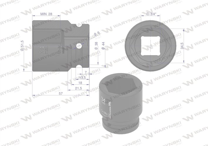 Nasadka udarowa sześciokątna 3/4". 34 mm. CrMo. DIN 3129. Waryński