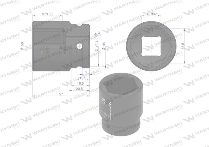 Nasadka udarowa sześciokątna 3/4". 35 mm. CrMo. DIN 3129. Waryński