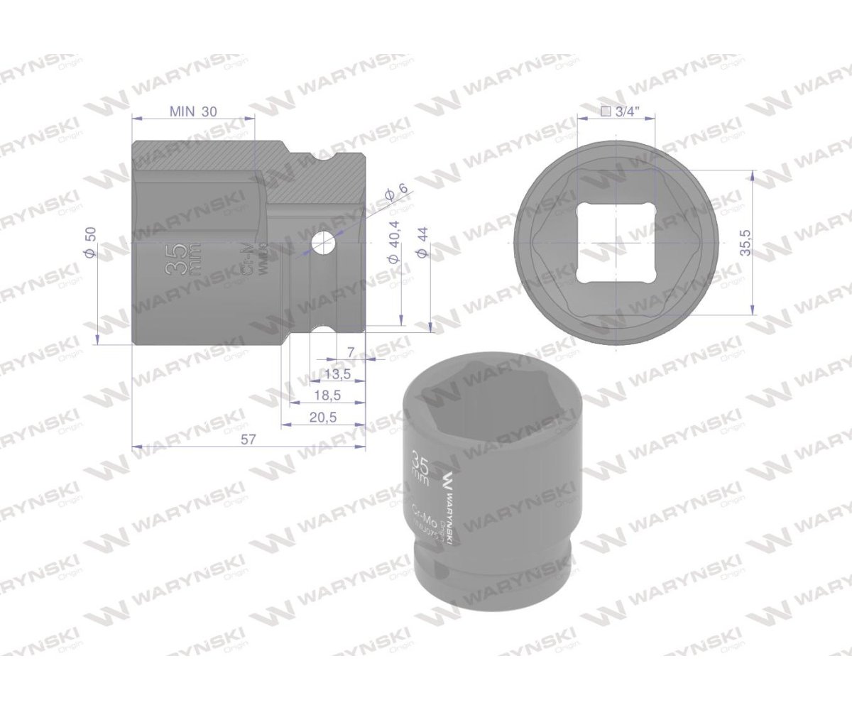 Nasadka udarowa sześciokątna 3/4". 35 mm. CrMo. DIN 3129. Waryński
