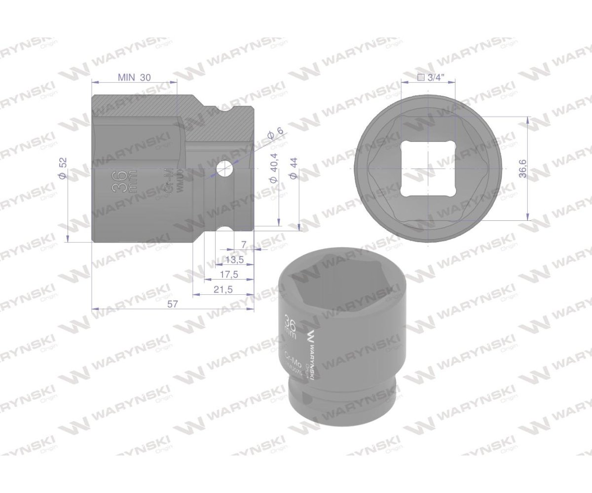 Nasadka udarowa sześciokątna 3/4". 36 mm. CrMo. DIN 3129. Waryński