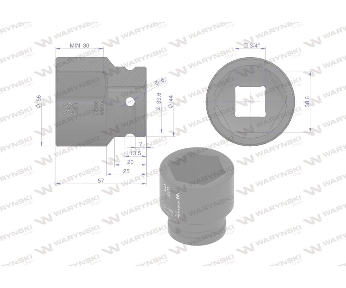 Nasadka udarowa sześciokątna 3/4". 38 mm. CrMo. DIN 3129. Waryński