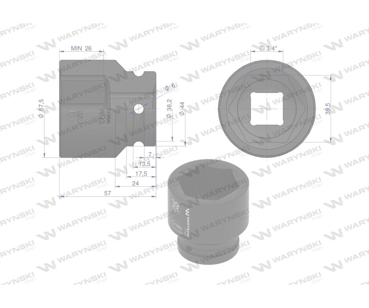 Nasadka udarowa sześciokątna 3/4". 39 mm. CrMo. DIN 3129. Waryński