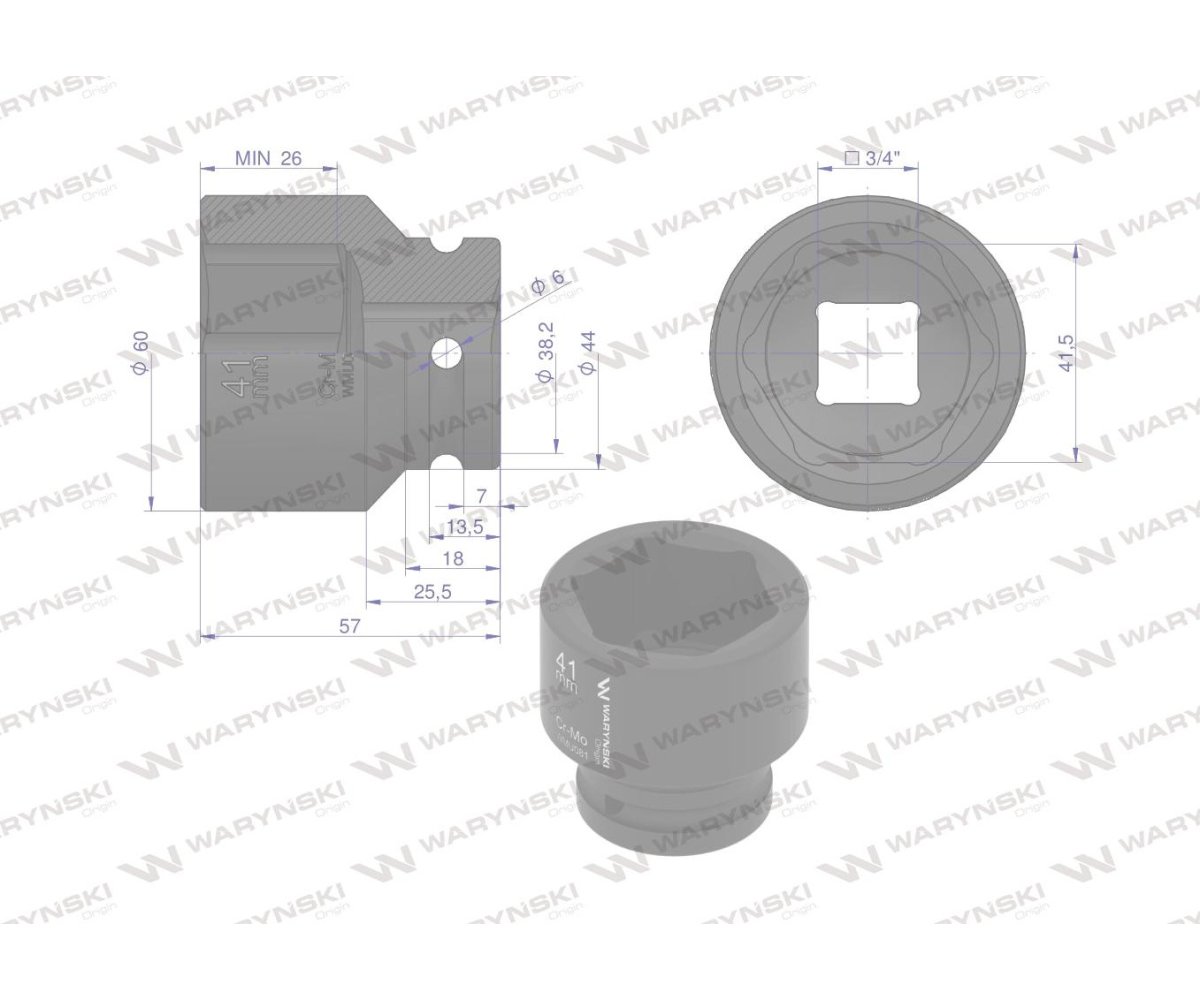 Nasadka udarowa sześciokątna 3/4". 41 mm. CrMo. DIN 3129. Waryński