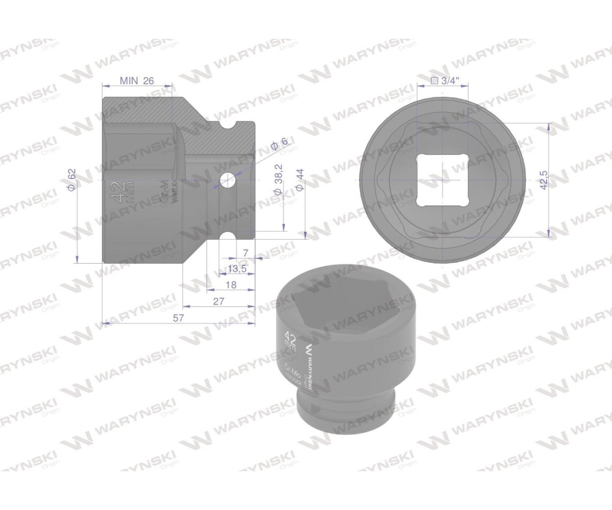 Nasadka udarowa sześciokątna 3/4". 42 mm. CrMo. DIN 3129. Waryński