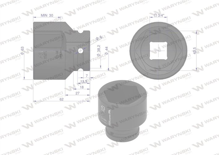 Nasadka udarowa sześciokątna 3/4". 43 mm. CrMo. DIN 3129. Waryński