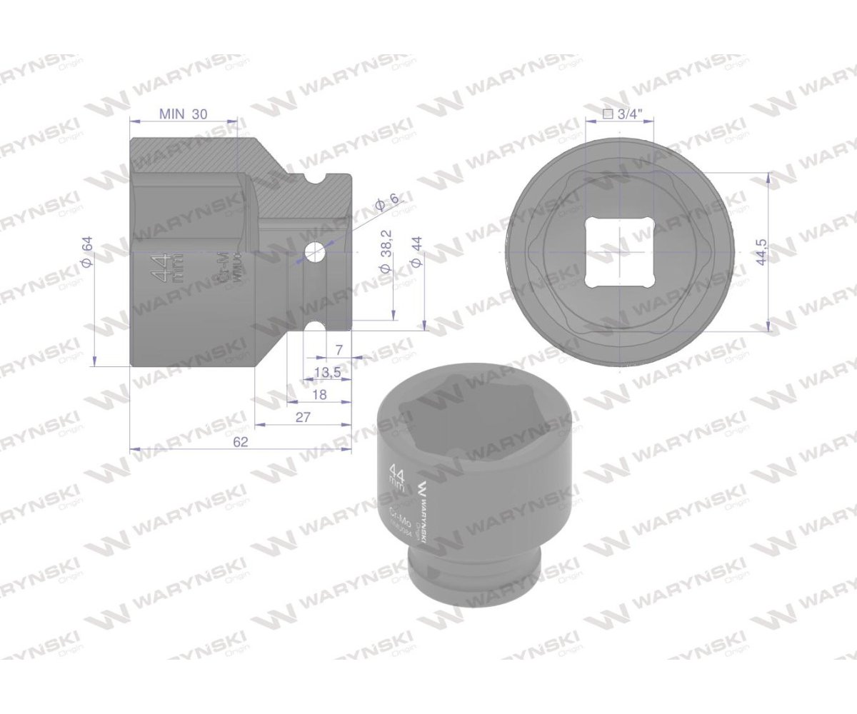 Nasadka udarowa sześciokątna 3/4". 44 mm. CrMo. DIN 3129. Waryński