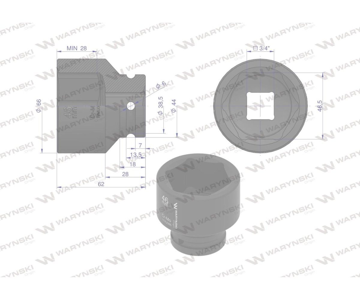 Nasadka udarowa sześciokątna 3/4". 46 mm. CrMo. DIN 3129. Waryński