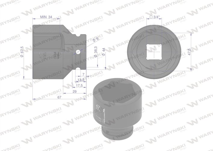 Nasadka udarowa sześciokątna 3/4". 47 mm. CrMo. DIN 3129. Waryński