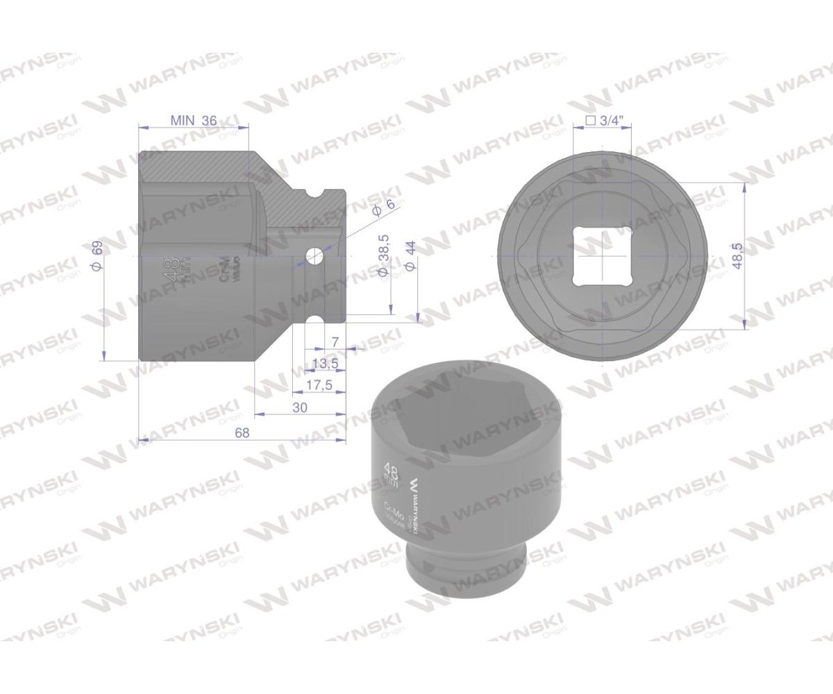 Nasadka udarowa sześciokątna 3/4". 48 mm. CrMo. DIN 3129. Waryński