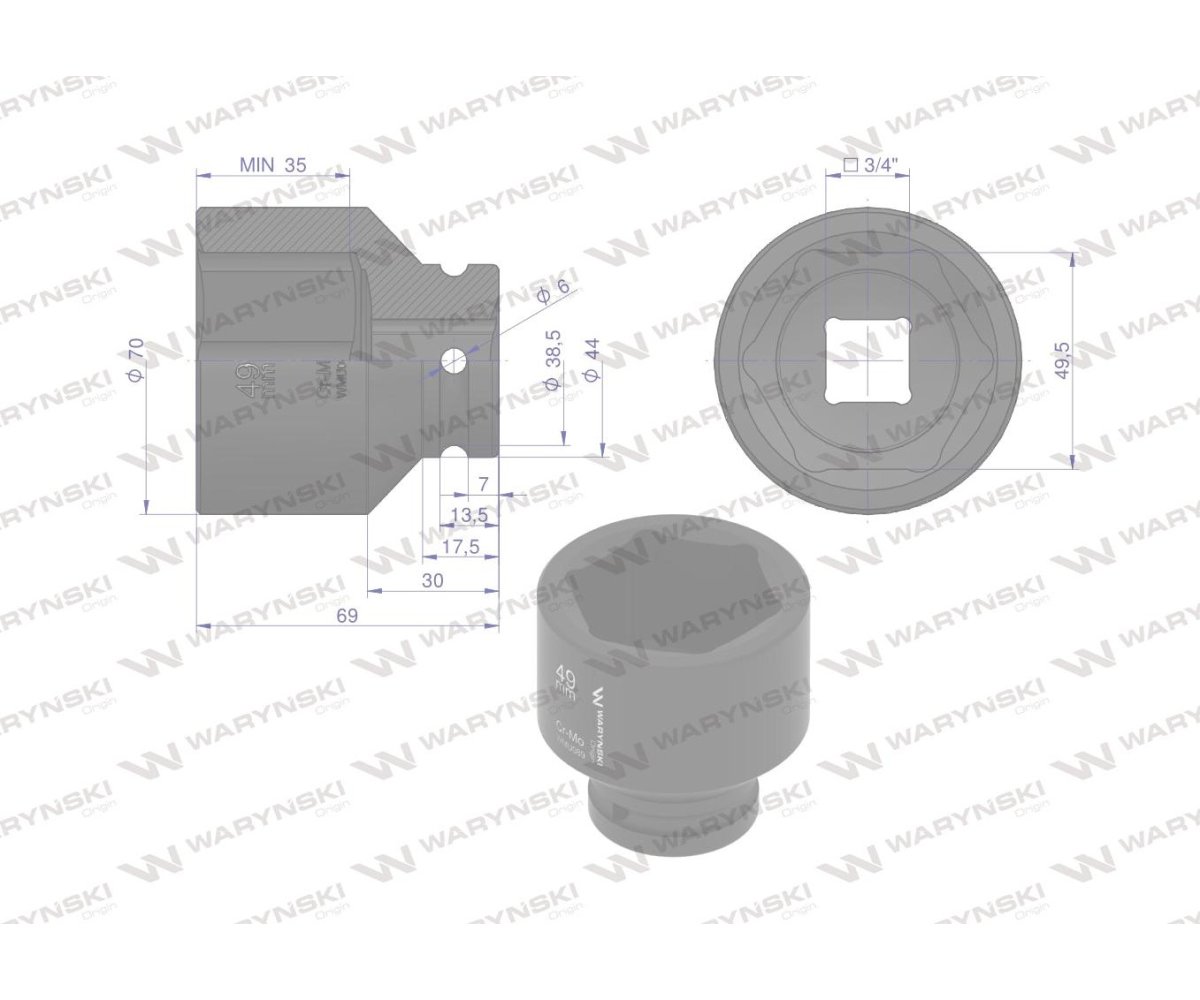 Nasadka udarowa sześciokątna 3/4". 49 mm. CrMo. DIN 3129. Waryński
