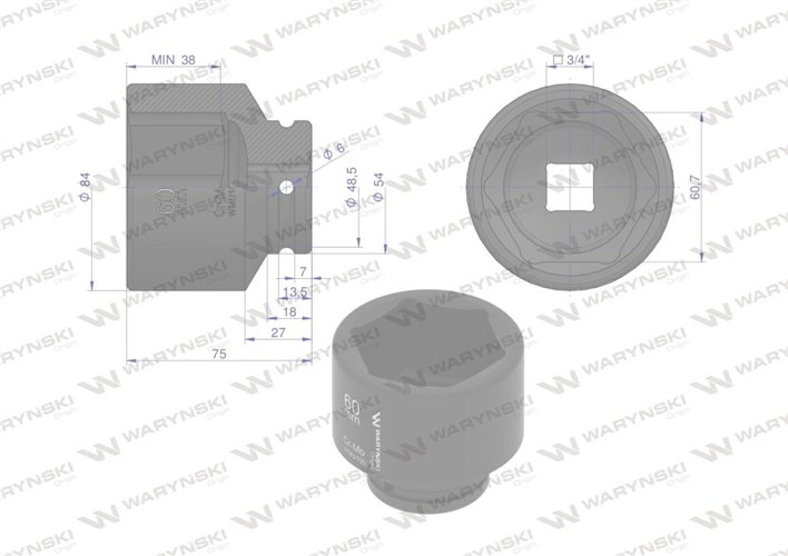 Nasadka udarowa sześciokątna 3/4". 60 mm. CrMo. DIN 3129. Waryński