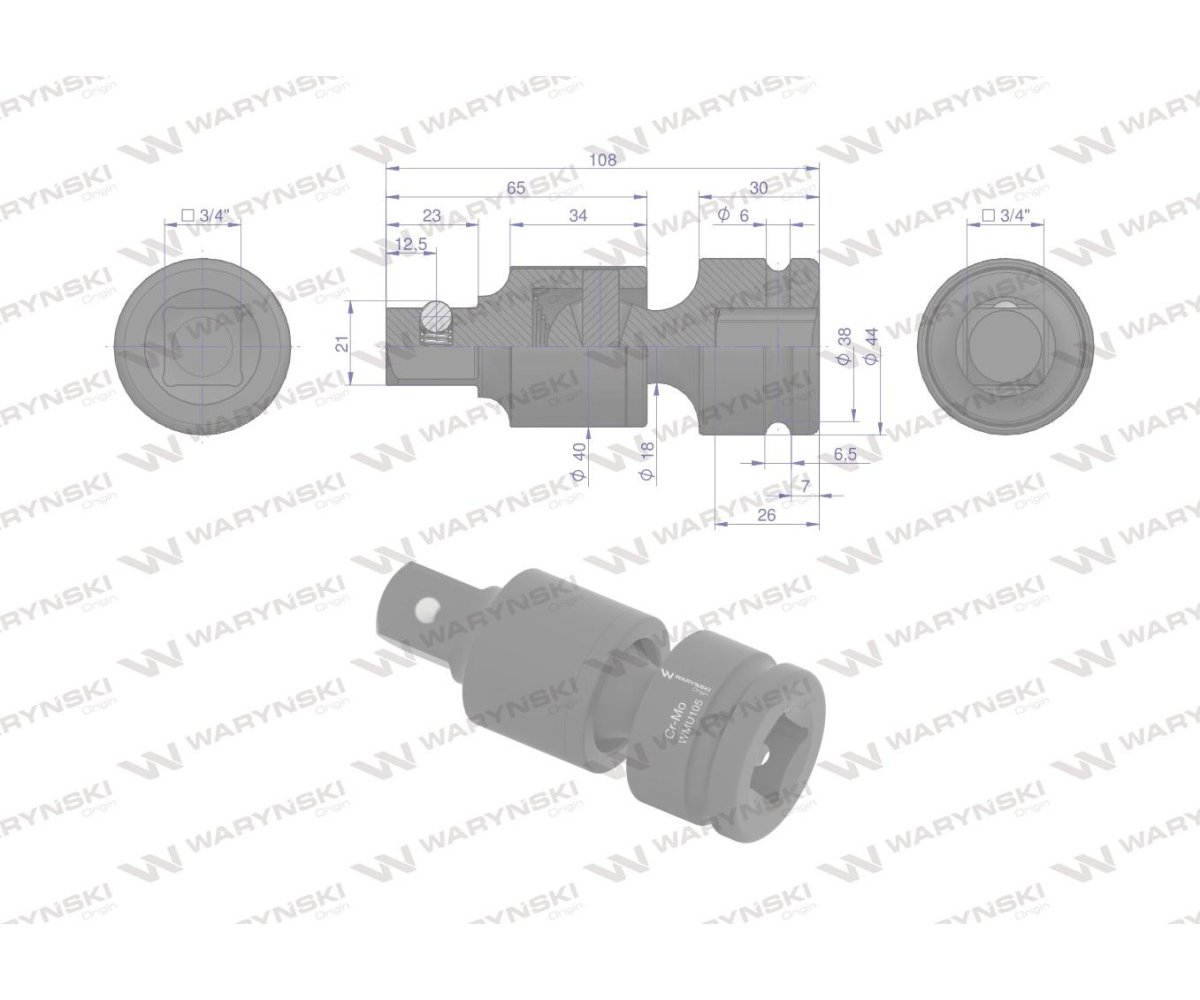Przegub do nasadek udarowych 3/4". CrMo. Waryński