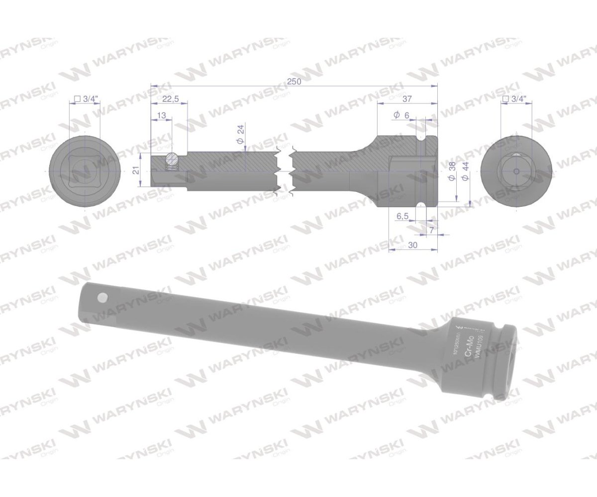 Przedłużka do nasadek udarowych 3/4". 250mm. CrMo. Waryński